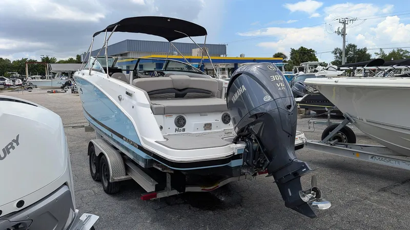 Slide: The Image of 2024 Four Winns HD8 OB boat with Yamaha 300 V6 engine on trailer. - 4