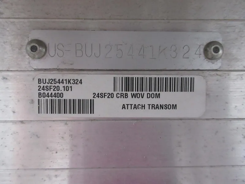 Slide: The Image of 2024 Sun Tracker SportFish 20 DLX identification plate with serial numbers and barcodes. - 15