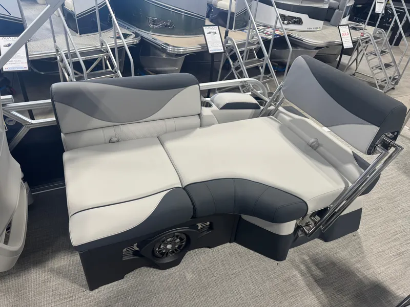 Slide: The Image of 2025 Avalon LSZ Quad Lounger Shift boat seating with modern design and comfortable upholstery. - 7