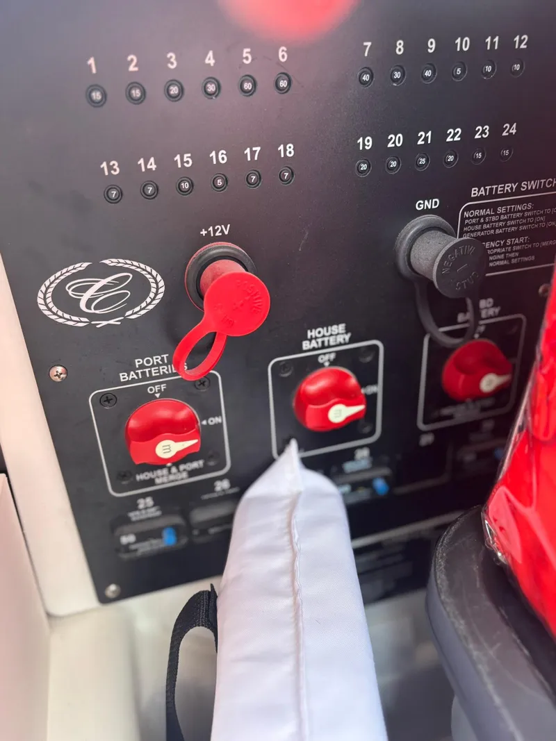 Slide: The Image of Control panel of 2024 Cobalt R8 Outboard with battery switches and red knobs. - 41