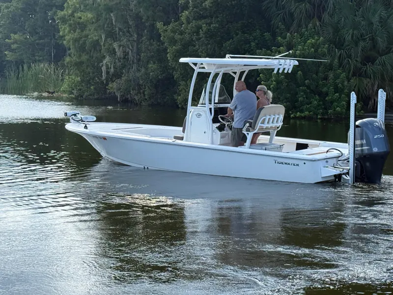 Slide: The Image of 2021 Tidewater 2410 Bay Max boat cruising on a calm river with lush greenery. - 3