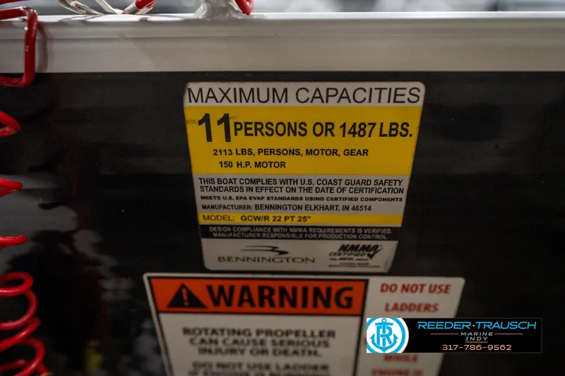 Slide: The Image of Close-up of a 2014 Bennington 2275GCW boat cleat on deck, Reeder Trausch Marine logo visible. - 49