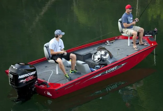 Slide: The Image of Manufacturer Provided Image: 2014 Lowe Stinger 18 HP fishing boat on calm water with two people fishing. - 12