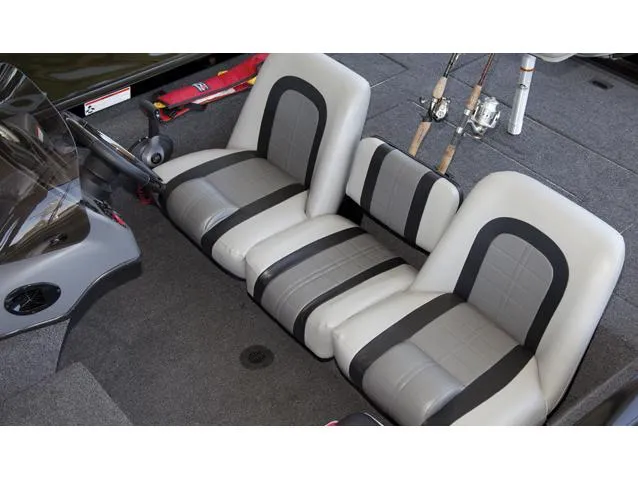 Slide: The Image of Manufacturer Provided Image: 2014 Lowe Stinger 18 HP boat interior with three gray and black seats. - 13