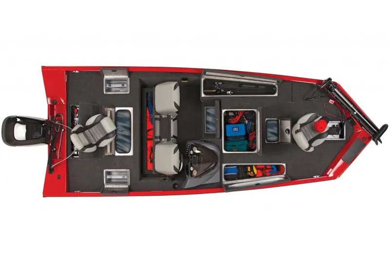 Slide: The Image of Manufacturer Provided Image: 2014 Lowe Stinger 18 HP fishing boat with red exterior and organized interior layout. - 16