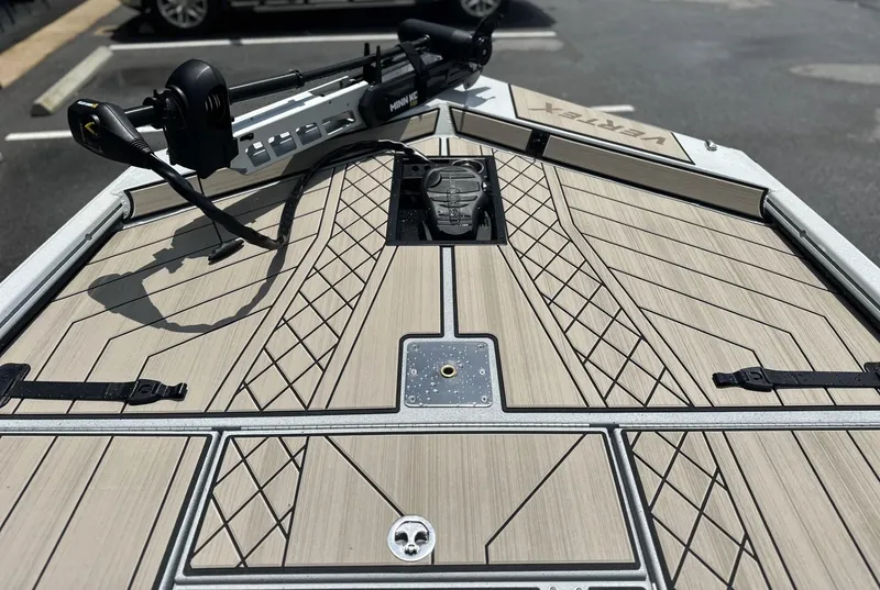 Slide: The Image of 2025 Avid 18 Vertex boat deck with sleek design and advanced trolling motor. - 5
