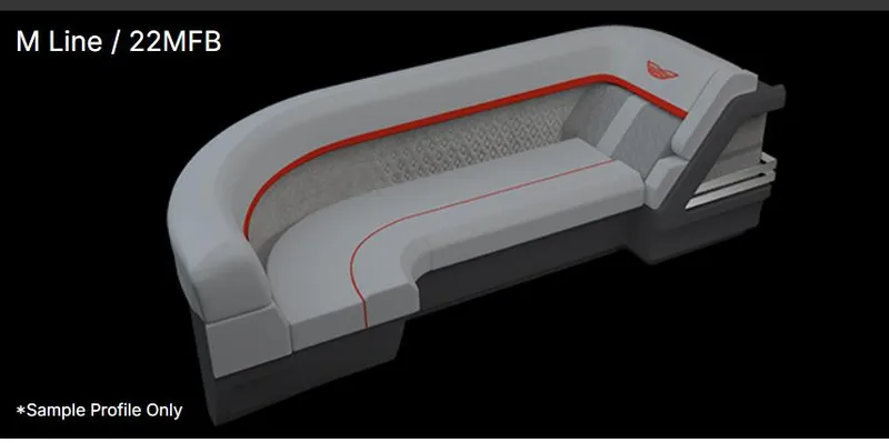 Slide: The Image of 2026 Bennington 22 MFB pontoon boat on trailer, black and red design, parked outdoors. - 2