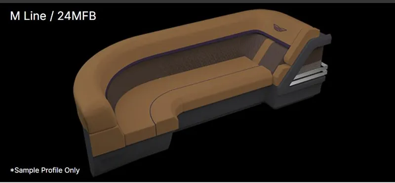 Slide: The Image of 2026 Bennington 24 MFB pontoon boat on trailer, featuring a Mercury outboard motor. - 2