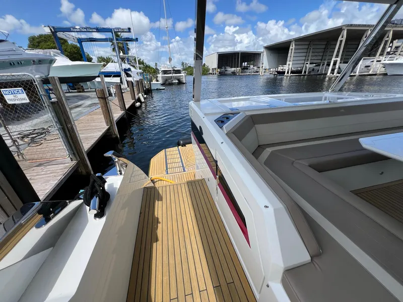 Slide: The Image of Luxurious seating area on 2020 Galeon 680 Fly yacht with sleek design and waterfront view. - 14