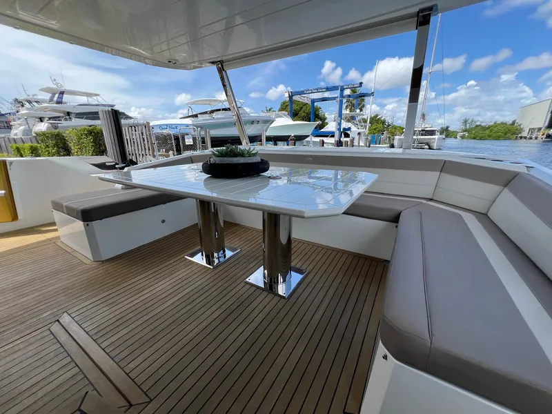 Slide: The Image of Galeon 680 Fly 2020 yacht docked at marina with clear blue sky. - 15