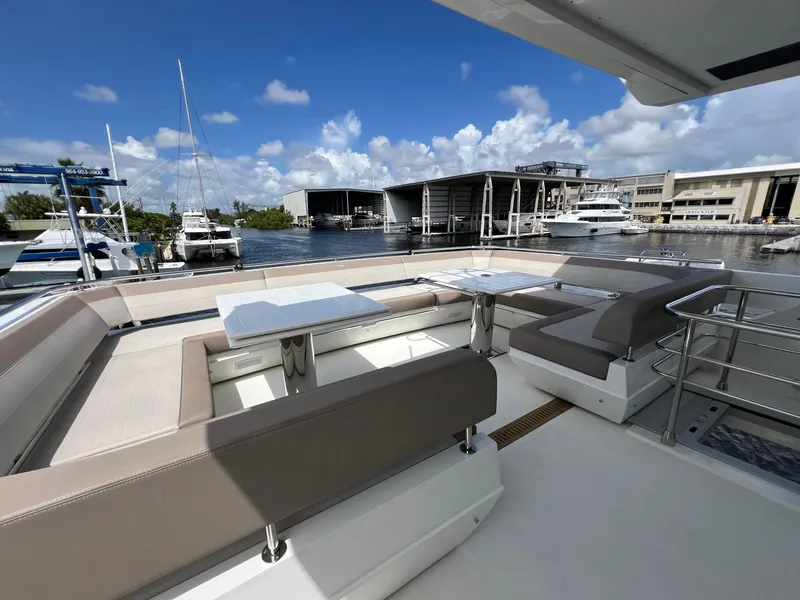 Slide: The Image of Luxurious 2020 Galeon 680 Fly yacht interior with modern design and spacious deck area. - 27