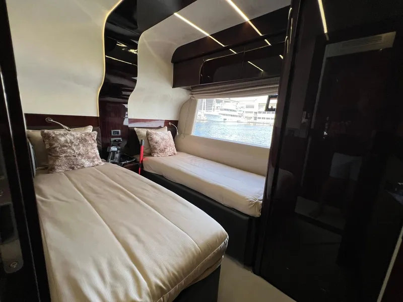 Slide: The Image of Luxurious cabin interior of 2020 Galeon 680 Fly yacht with modern design and comfortable bedding. - 45