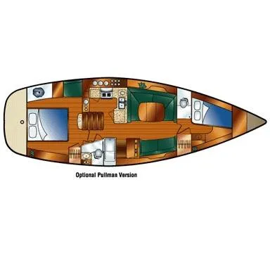 Slide: The Image of 2006 Hunter 44 Deck Salon sailboat on land, showcasing deck and cockpit area. - 4