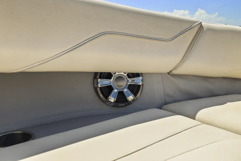 Slide: The Image of 2019 Regal LS4 boat interior with speaker and beige upholstery. - 14