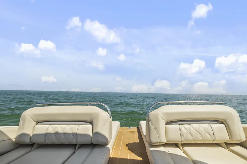 Slide: The Image of 2019 Regal LS4 boat with beige seating, ocean view, and blue sky. - 16