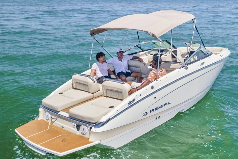 Slide: The Image of 2019 Regal LS4 boat cruising with passengers on a sunny day. - 2