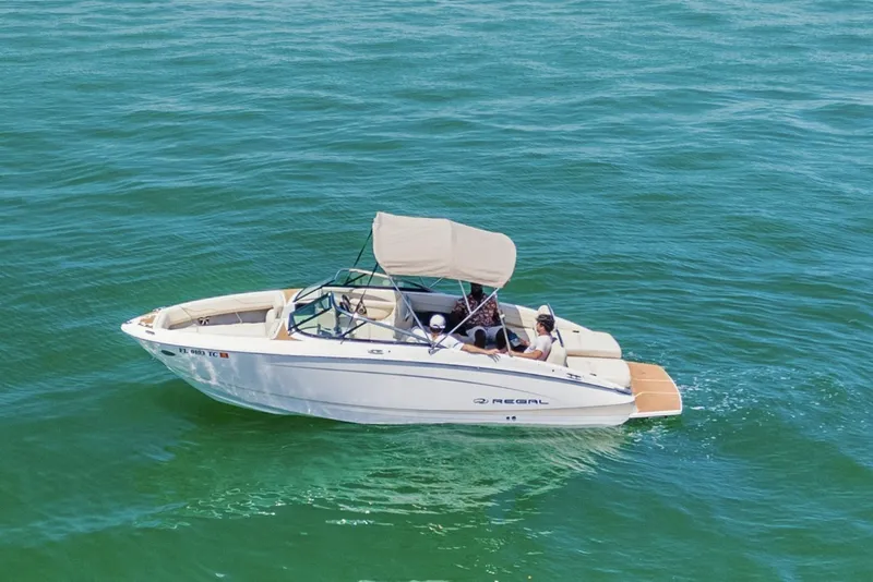 Slide: The Image of 2019 Regal LS4 boat cruising on clear blue water with passengers onboard. - 6