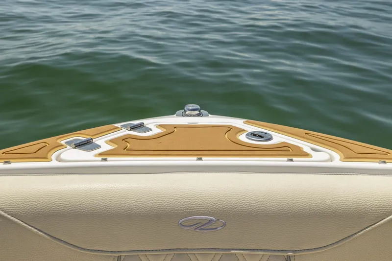 Slide: The Image of 2019 Regal LS4 boat deck with water view, featuring elegant design and logo. - 8