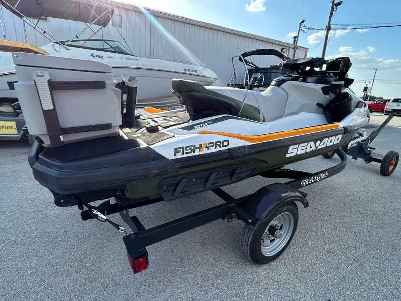 Slide: The Image of 2020 Sea-Doo FISH PRO 170 jet ski on trailer, equipped for fishing. - 32