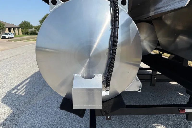 Slide: The Image of Close-up of 2025 Flagship E22RF Sport Toon pontoon boat's aluminum structure on a trailer. - 30