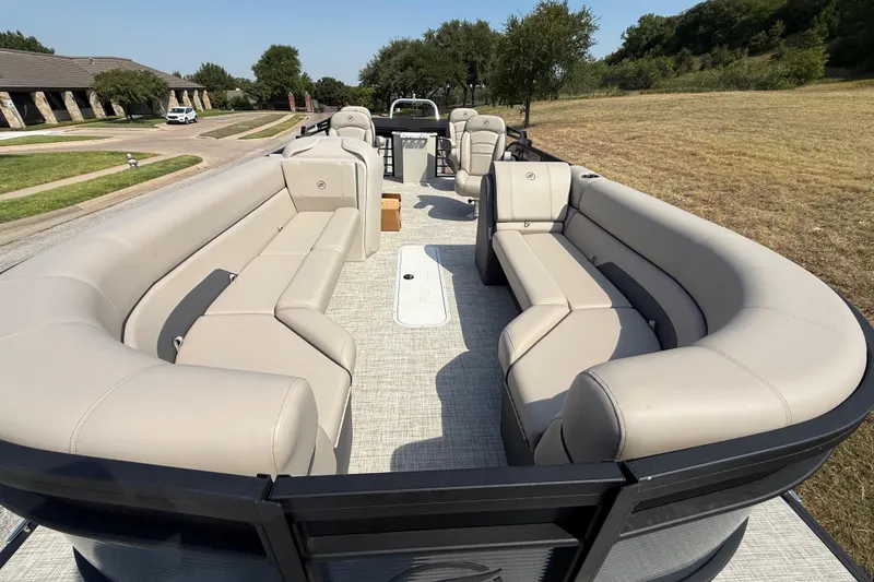 Slide: The Image of 2025 Flagship E22RF Sport Toon pontoon boat with spacious seating and modern design. - 39