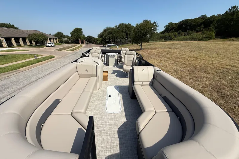 Slide: The Image of 2025 Flagship E22RF Sport Toon pontoon boat with spacious seating and modern design. - 41