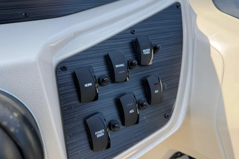 Slide: The Image of Control panel of 2025 Flagship E22RF Sport Toon with labeled switches. - 80