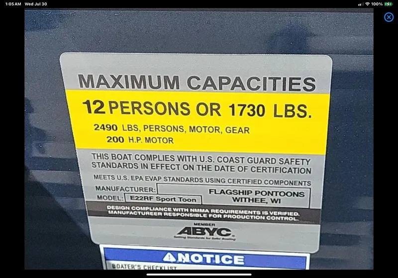 Slide: The Image of 2025 Flagship E22RF Sport Toon capacity label: 12 persons, 1730 lbs, 200 HP motor. - 82