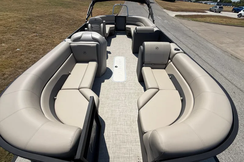 Slide: The Image of 2025 Flagship F22CU SPORT TOON pontoon boat with spacious seating and modern design. - 24