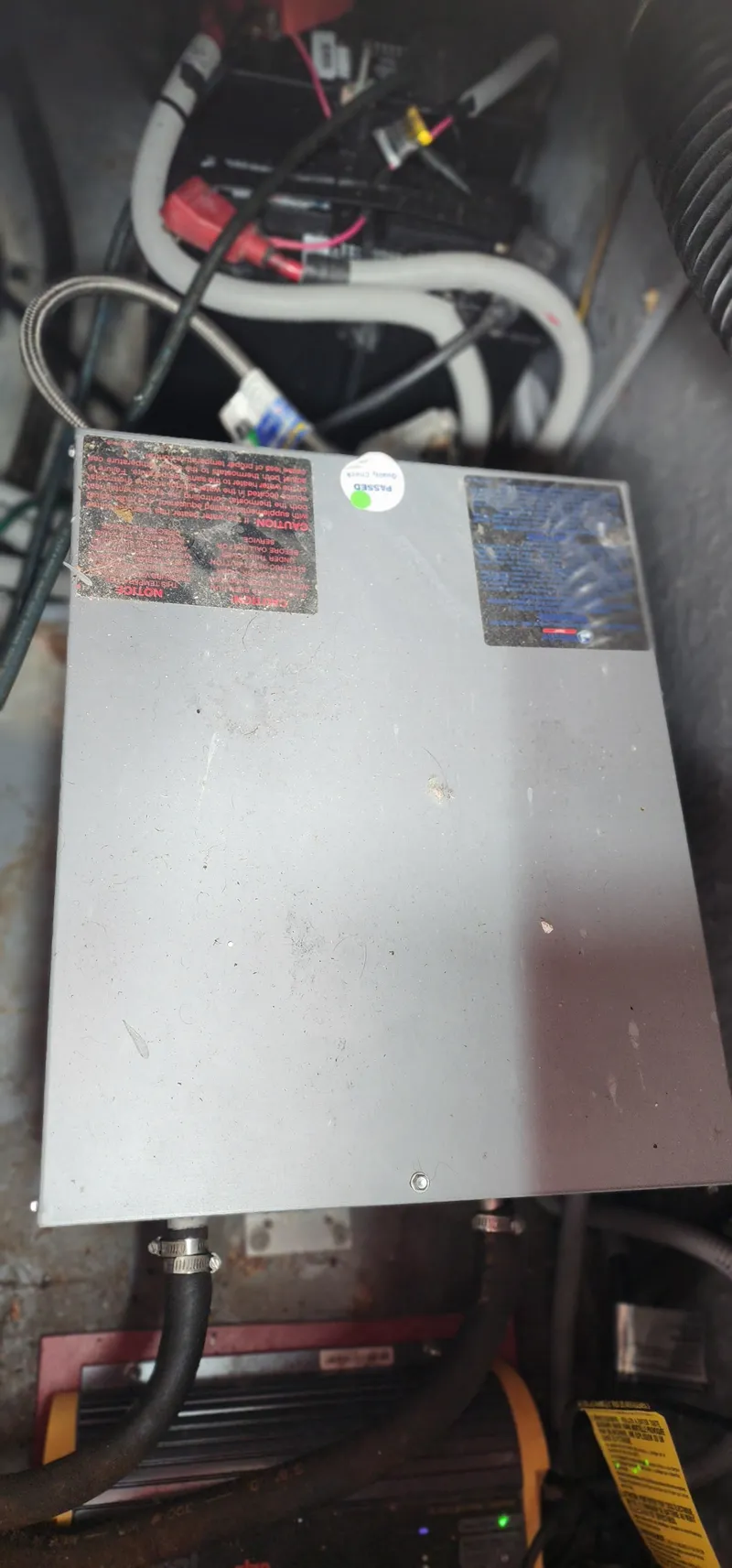 Slide: The Image of Electrical component inside 1987 Sea Ray 36 Sundancer boat, featuring cables and labels. - 34