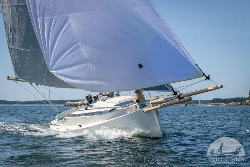 Slide: The Image of Sailboat AREY's XFC-22 gliding on water, 2022 model, with full sails in scenic setting. - 5
