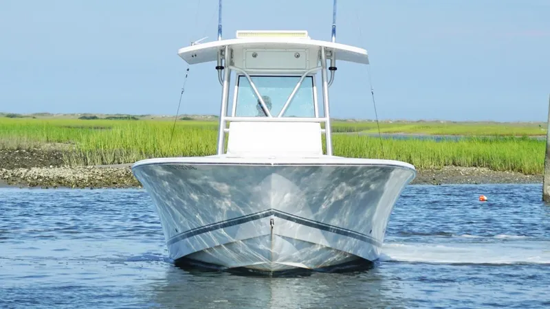 Slide: The Image of 2006 Regulator 32 FS boat on water, front view with grassy shoreline background. - 8