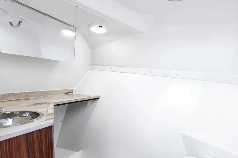 Slide: The Image of 2026 Pursuit DC 306 Dual Console interior with sleek sink and modern design. - 16