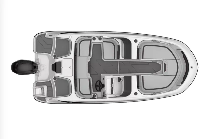 Slide: The Image of 2025 Bayliner Element M17 boat interior with seating and steering wheel, showcasing modern design. - 8