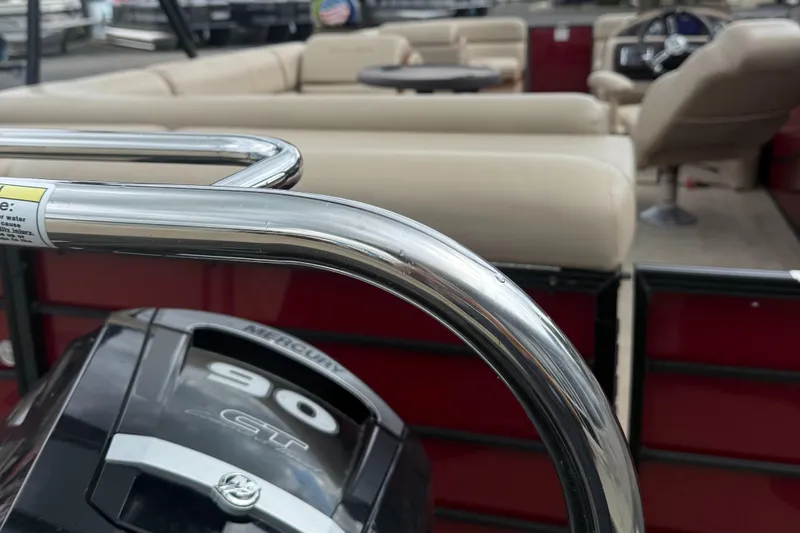 Slide: The Image of 2018 South Bay 523CR pontoon boat with Mercury 90 CT engine, beige seating. - 4
