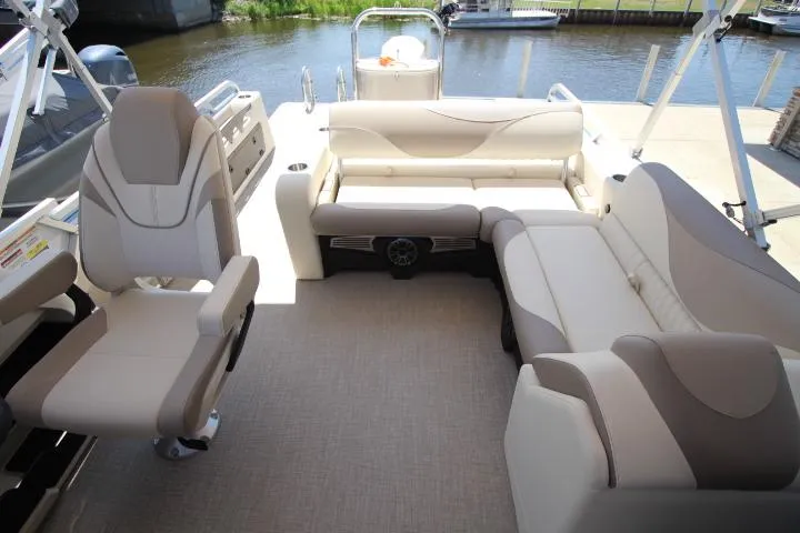 Slide: The Image of 2025 Avalon LSZ Versatile Rear Bench boat interior with plush seating and modern design. - 11