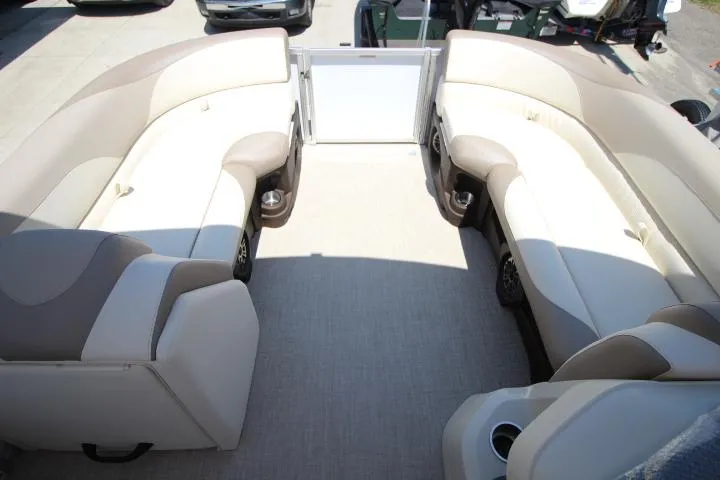 Slide: The Image of 2025 Avalon LSZ Versatile Rear Bench boat interior with spacious seating and modern design. - 12