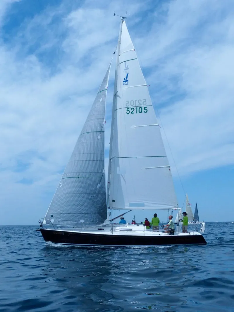 Slide: The Image of 2002 J Boats J/105 sailing on open water under a clear blue sky. - 3