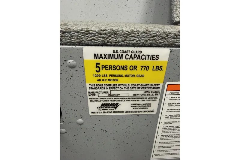 Slide: The Image of Capacity label on 2026 Lund 1600 Fury Tiller boat, 5 persons or 770 lbs. - 14