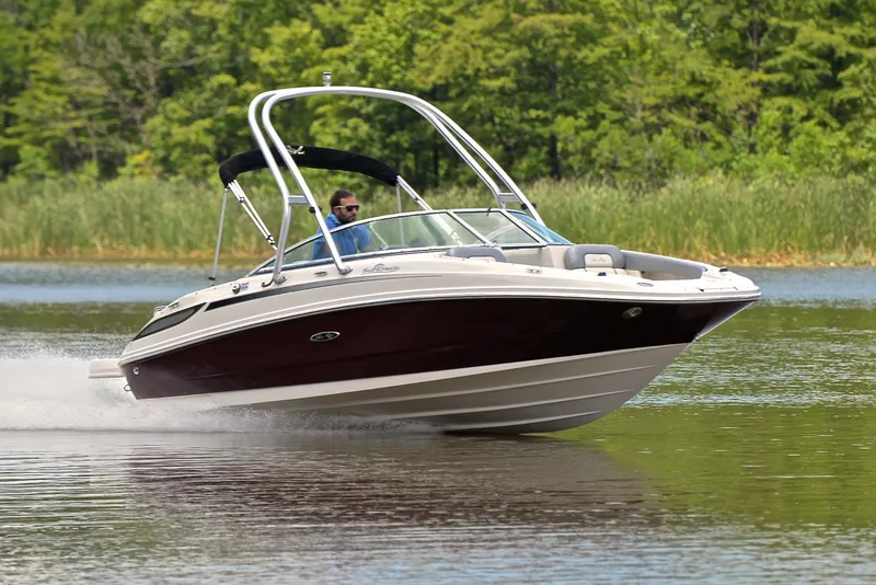 The Image of 2009 Sea Ray 210 Sundeck speeding on a lake with lush green background. - 1