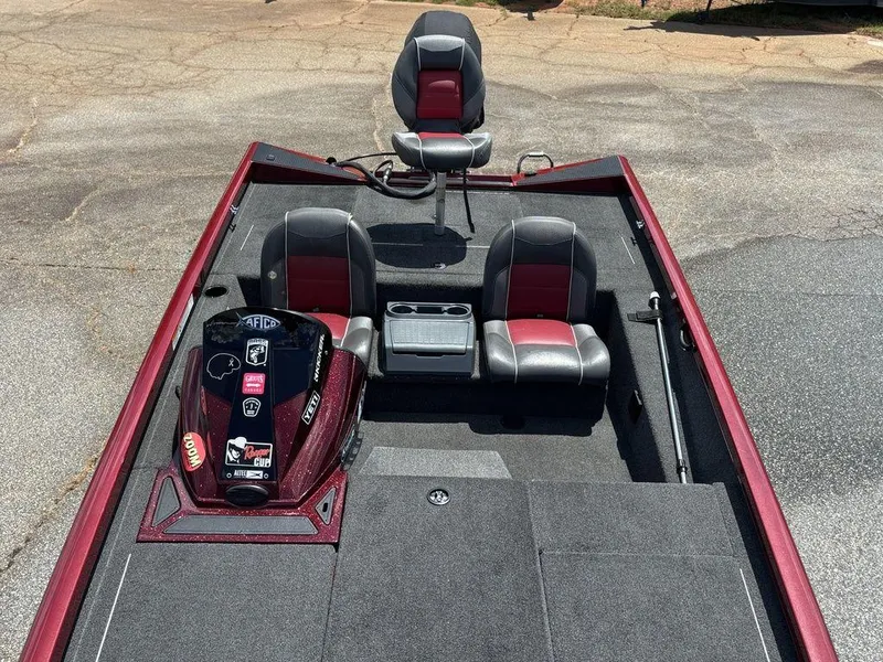 Slide: The Image of 2017 Ranger RT188 fishing boat with red and gray seating, console, and deck. - 17