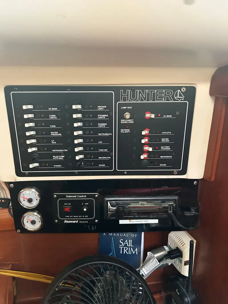 Slide: The Image of Control panel of a 1996 Hunter 336 sailboat with switches and gauges. - 28