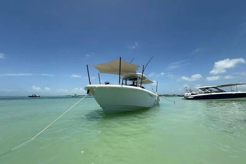 Slide: The Image of 2024 Everglades 315 Center Console boat anchored in clear turquoise water under a sunny sky. - 16