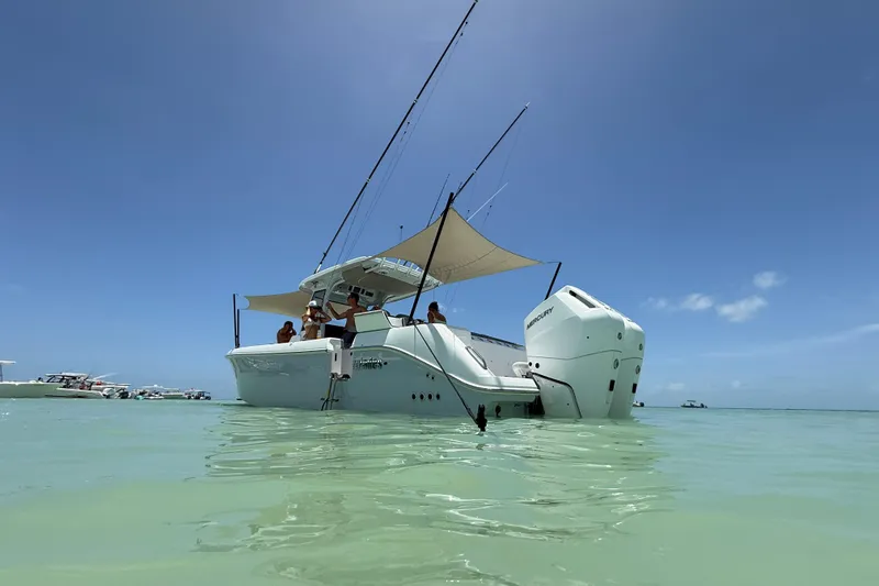 Slide: The Image of 2024 Everglades 315 Center Console boat in clear blue water, sunny day. - 24