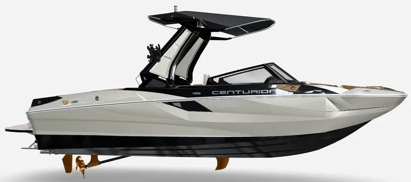 Slide: The Image of 2026 Centurion Fe22 boat with sleek design and modern features, displayed on a white background. - 49