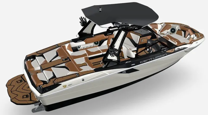 Slide: The Image of 2026 Centurion Fe22 boat interior, featuring sleek brown and white seating design. - 6