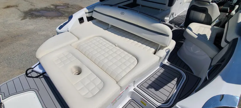 Slide: The Image of 2020 Cobalt R5 boat with luxurious white seating and spacious deck layout. - 21