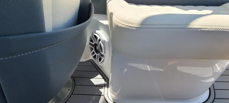Slide: The Image of 2020 Cobalt R5 boat interior with speaker and seating detail. - 48