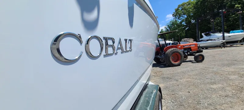 Slide: The Image of Cobalt R5 2020 boat in marina with tractor and trees in background. - 8