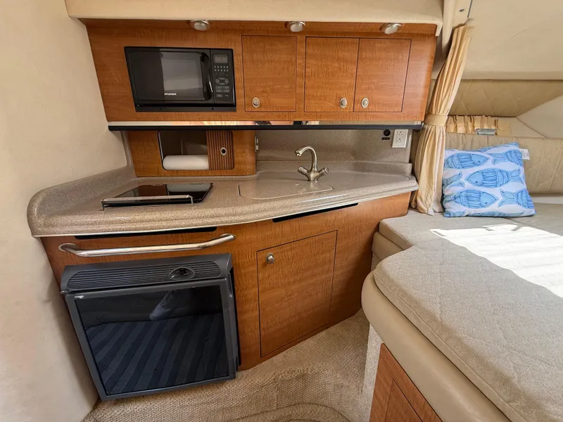 Slide: The Image of 2006 Sea Ray 290 Amberjack cabin with kitchenette, featuring microwave, sink, and compact fridge. - 20